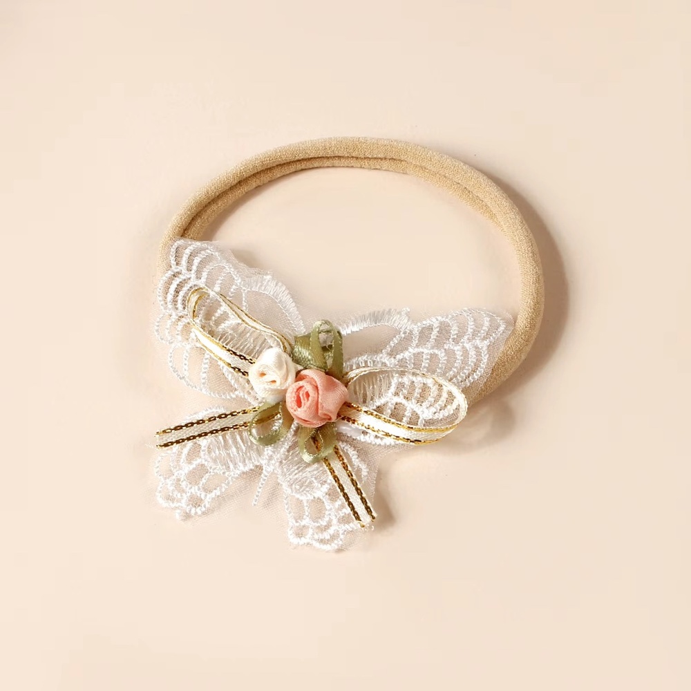 Baby Girls Embroidered Hair Band-Soft White Florals Lace Nylon Hairband